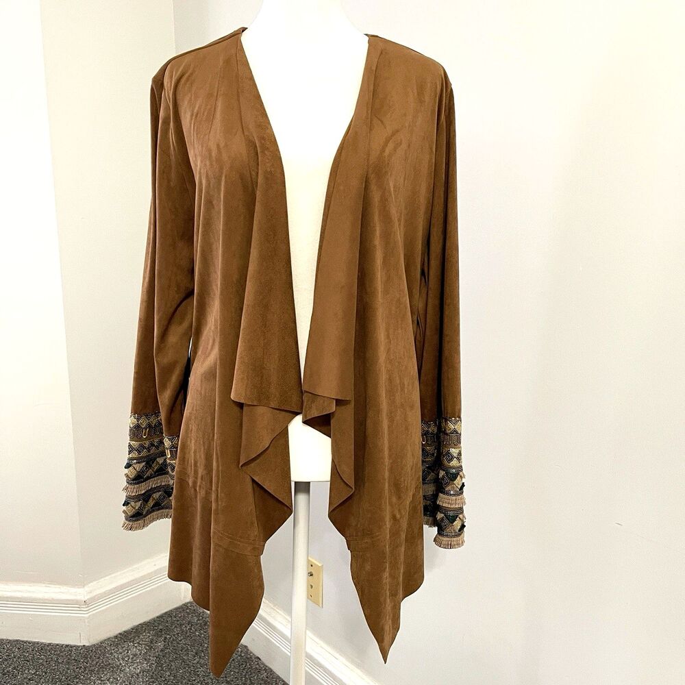 Soft Surroundings Faux Suede Cardigan Womens Large Boho Sequined Fringed Cuffs
